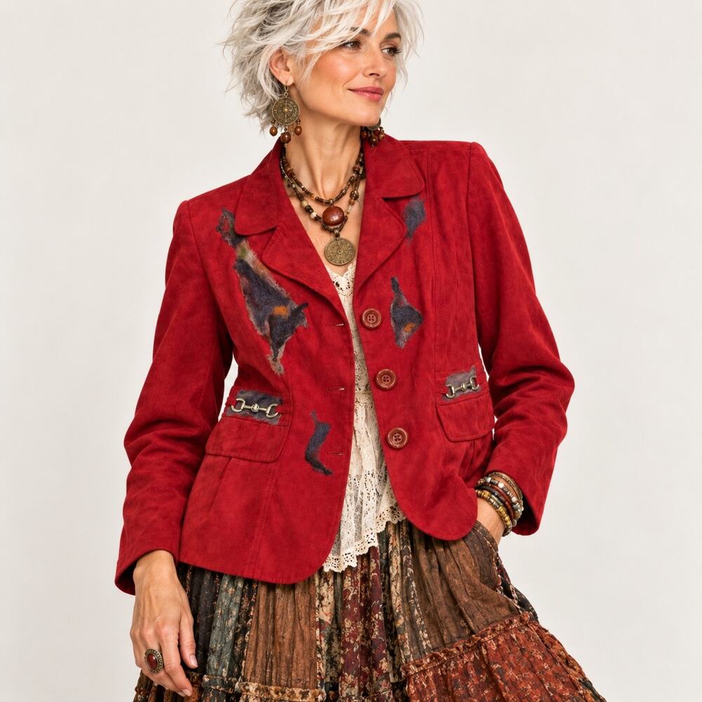Studio Works Artisan Red Blazer Sz 14 Felted Applique Horsebit Artsy Boho Jacket
